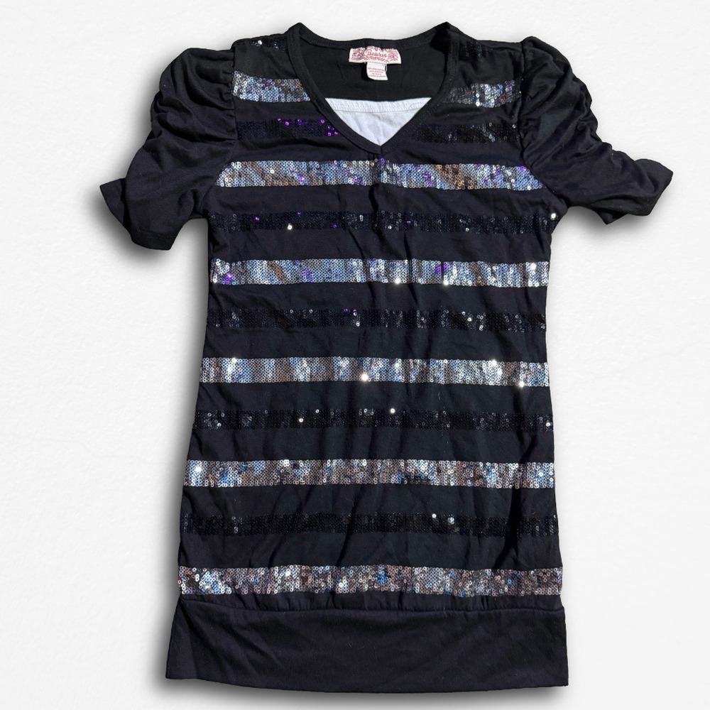 Beautees Girls Black Sequin Striped Top Y2K Puff Sleeve V-Neck Shirt Size M